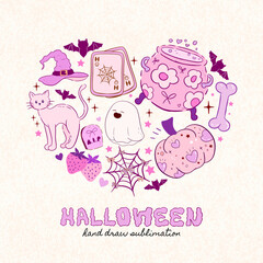 coquette Halloween in heart sharp sublimation clipart, vector spooky happy holiday text kit, creepy ghost shape, skeleton. Smiling pumpkin, witch hat, black cat cemetery gate tombstone grave, vintage