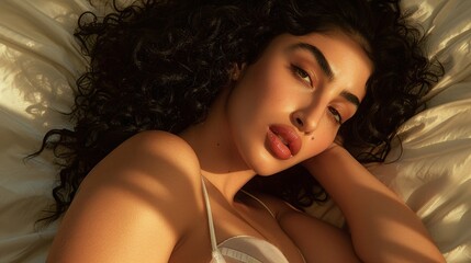 A woman reclines luxuriously on a bed.