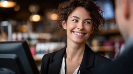 Young professional woman with a beautiful smile wearing a blazer interacting in a warm indoor environment showing positive emotion and confidence