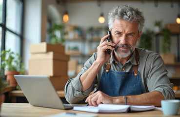 Plakat Mature man wearing apron, works at desk with laptop and smartphone. Taking orders, writing notes, stacks of parcels. Small business owner, entrepreneur, remote work, online sales, startup.