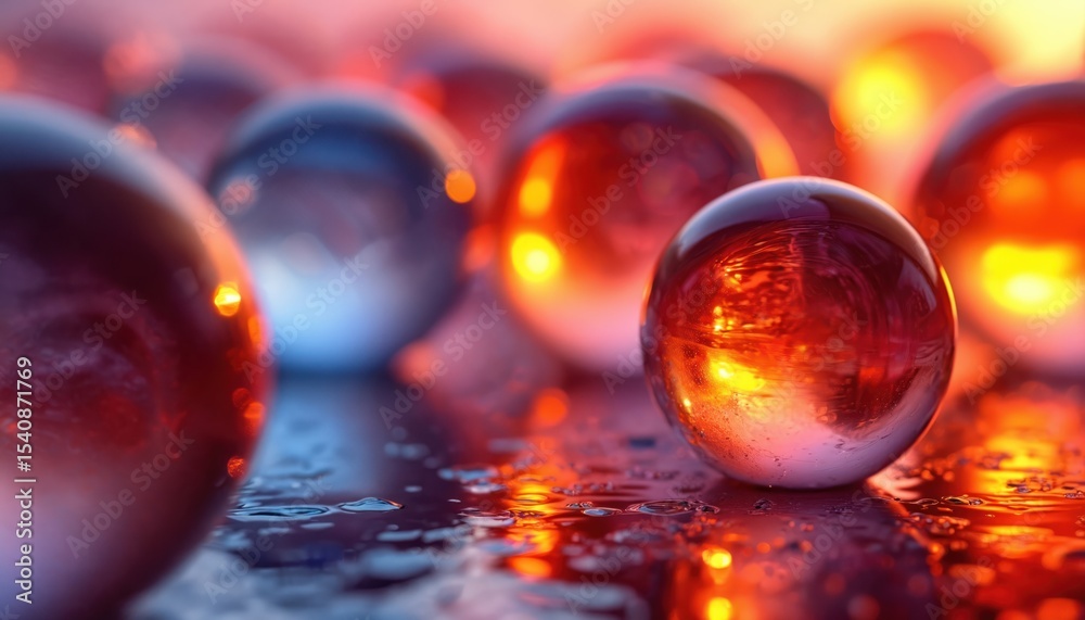 Poster abstract illustration featuring glossy spheres in vibrant shades of red orange, purple. dynamic ligh