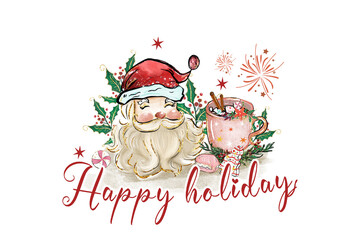 Happy Holiday Santa and Hot Cocoa Christmas Sublimation Design 