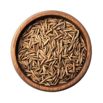Cumin seeds displayed in a wooden bowl isolated on a Transparent background for culinary uses, cumin seeds in plateisolated on PNG background