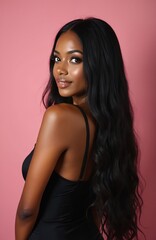 Naklejka premium Beautiful young woman with long black wavy hair poses front pink background. Brunette girl wears black dress with perfect makeup looking at camera. Attractive model with healthy skin. Glamour, beauty