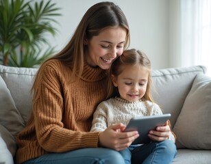 Mother and daughter enjoy tablet computer together indoors on sofa. Happy family sharing time, using tech at home. Woman, girl, child smiling, looking at screen. Leisure, lifestyle.