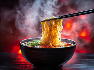 Steaming bowl of spicy ramen noodles