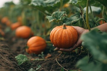 Fototapeta premium Close-up of hand harvesting orange pumpkins in garden, autumn farmland vegetable scene