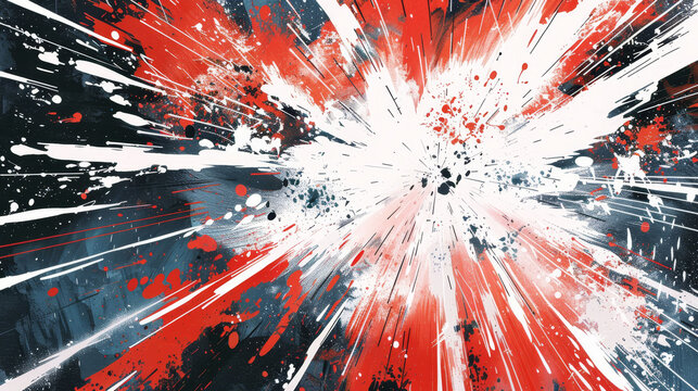 Close-up comic explosion with red and white ink, bold splatter style on dark backdrop.
