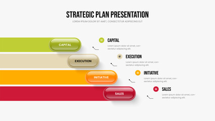 Company Showcase Four Option Infographic Slide Layout. Market Introduction Presentation Design Vector Illustration. Product Growth 4 Step Diagram Slideshow Template.