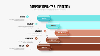 Consulting Proposal Presentation Template Vector Illustration. Creative Development 5 Element Infographic Slideshow Design. Advertising Analysis Five Step Diagram Slide Layout.