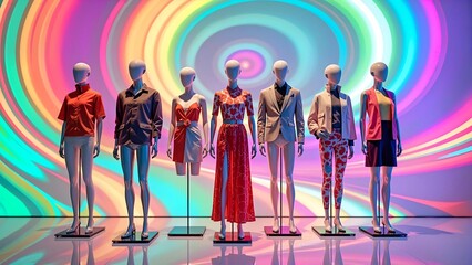 A vibrant mockup showcasing a futuristic fashion collection displayed on mannequins made of reflective glass. The scene is illuminated by soft neon lights, casting dynamic shadows. The garments combin