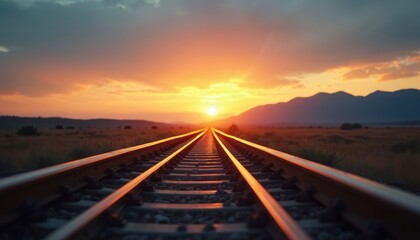 Fototapeta premium Railway tracks extend towards sunset horizon. Orange sky, sun setting, dusk. Dramatic sky, mountains silhouettes. Travel, journey concept. Transportation infrastructure for trains, railroads.