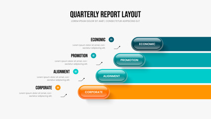 Corporate Showcase Four Element Diagram Slide Design. Market Overview Presentation Template Vector Illustration. Company Innovation 4 Step Infographic Slideshow Layout.
