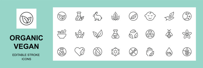 Organic Vegan icons set. natural, cruelty free, collagen, anti age, Editable stroke. vector illustration.