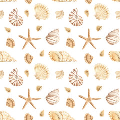 Watercolor marine pattern. Home textiles. Ocean theme. Rest. Sea coast, Embankment. Print for fabric. Summer, summer mood. Shells. Brown, beige colors. Shell pattern. Underwater.