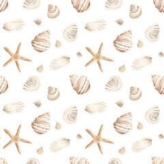 Watercolor marine pattern. Home textiles. Ocean theme. Rest. Sea coast, Embankment. Print for fabric. Summer, summer mood. Shells. Brown, beige colors. Shell pattern. Underwater.