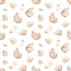 Watercolor marine pattern. Home textiles. Ocean theme. Rest. Sea coast, Embankment. Print for fabric. Summer, summer mood. Shells. Brown, beige colors. Shell pattern. Underwater.