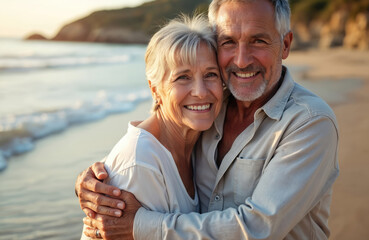 Obraz premium Senior couple embracing on beach. Happy elderly man, woman hug, smile together, enjoy vacation. Romantic mature pair at ocean shore. Retirement, relationship, love, travel, care.