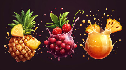 3D fresh fruits and juice splashing togethe pineapple, strawberry, cherry, and grape juices mixing in a vibrant splash. Vector illustration capturing the dynamic motion and freshness of the drink.
