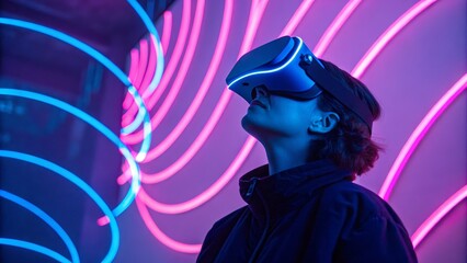 Woman in VR Headset against Neon Lights, Close-up, Virtual Reality, Metaverse VR, Metaverse