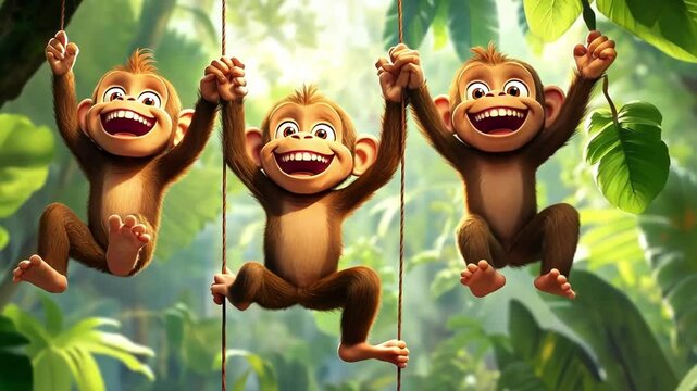 Three playful monkeys hanging joyfully in a lush jungle.