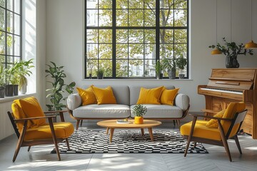 Fototapeta premium Cozy Scandinavian living room with modern furniture and natural light