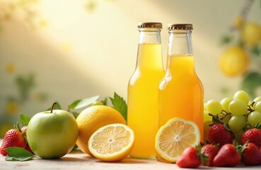 Bottles with fresh citrus juice with lemons apples strawberries grapes. Healthy drinks, vitamin boost, natural juice, ideal for healthy lifestyle, promoting fresh summer refreshment, food, beverage