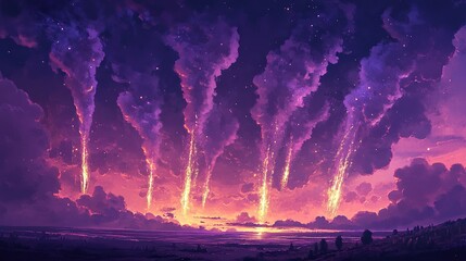 Plume-shaped fireworks in emphatic shades of violet spread across the sky like rising phoenixes