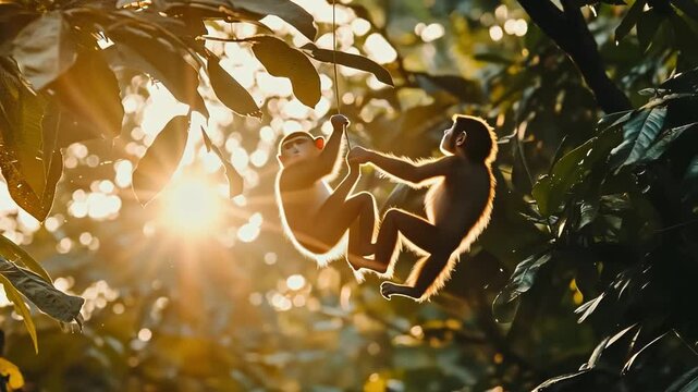 Two monkeys playfully hanging in a lush jungle at sunset.