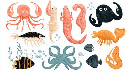 Cute illustrations of aquatic creatures found in the ocean, designed with a playful style. Includes various seafood animals commonly used in cooking, such as fish, shrimp, crab, and octopus. 