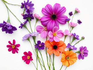 Minimalist Flat Lay of Vibrant Flowers in Horizontal Row - Clean White Background Floral Arrangement
