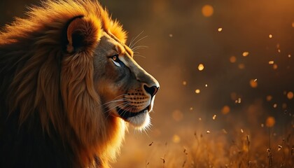 Naklejka premium Majestic lion portrait in golden light. Wild animal with flowing mane, noble gaze. King of beasts in serene scene, elegant, beautiful, regal portrait.