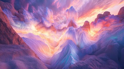 Radiant folds of opal and coral-colored fireworks unfurling in overlapping clusters