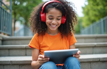 Smiling student wearing wireless headphones using tablet outdoors. Happy young woman sits on steps. Education, communication, tech, online learning concept. Modern digital device with internet.