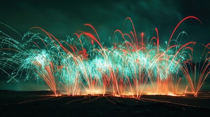 Radiant fountains of mint green and crimson fireworks cascading into thin elegant lines