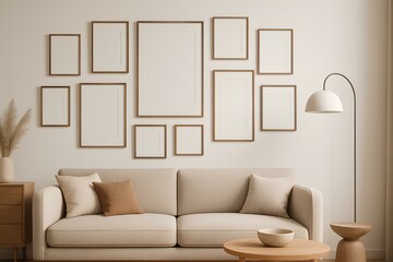 Gallery wall mockup with multiple empty picture frames of different sizes, stylish modern interior, neutral tones
