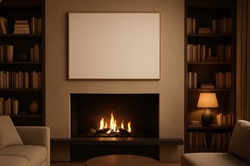 Blank canvas mockup above a modern fireplace, cozy living room with bookshelves and warm lighting