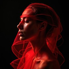 Fashion portrait woman wrapped in red translucent ribbons against black backdrop. Abstract flowing effect with high contrast. Female beauty, glamour, elegance, style, modern art, cosmetology.