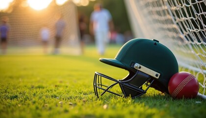 Cricket helmet with ball rest on green grass in front of practice nets. Cricket game preparation for sport action. Cricket ball, helmet and net on sunny field. Cricket player ready for competition.