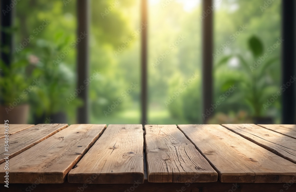Poster rustic wooden table set against blurred window with plants. natural light, spring or summer theme, i