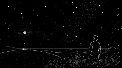 minimalistic animated black and white chalk illustration of a person looking into the night with cricket chirping animated fireflies and sparkling stars 