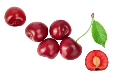 red sweet cherry isolated on white background . Top view. Flat lay
