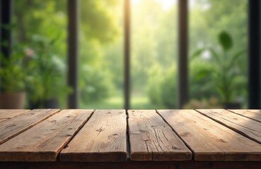 Fototapeta premium Rustic wooden table set against blurred window with plants. Natural light, spring or summer theme, ideal product placement. Empty surface for display, showcase design interior.