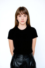 A young woman stands confidently with her hands relaxed at her sides, showcasing a simple yet stylish look in a black shirt and leather pants. Generative AI.