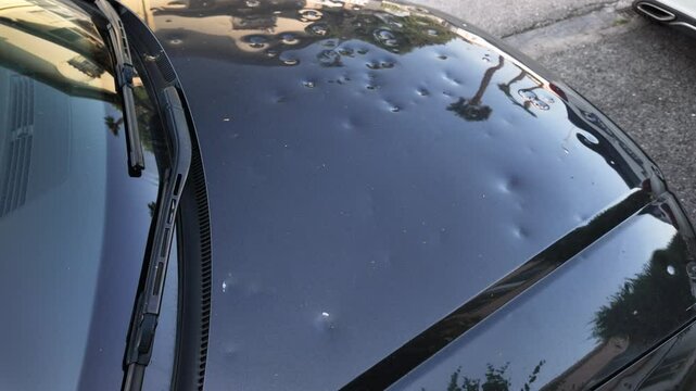 hood of a hail-damaged car, showing visible dents on the metal surface under natural light.