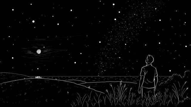 minimalistic animated black and white chalk illustration of a person looking into the night with cricket chirping animated fireflies and sparkling stars 