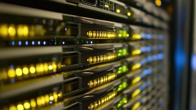 Data processing and digital protections at a technology facility during the evening hours, data protections text and digital data processing over computer servers