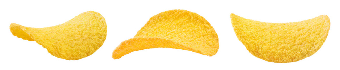 Potato chips isolated on white background with full depth of field.