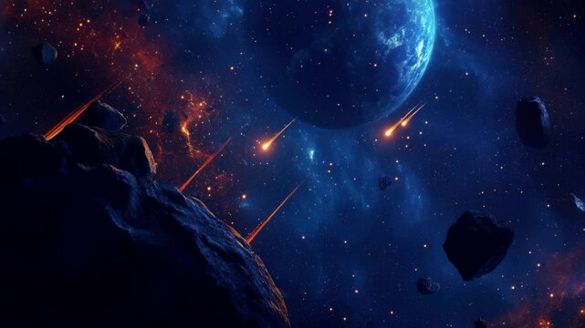 Earth gliding through space with meteors and asteroids in a starry backdrop, planet Earth flying in space among the stars