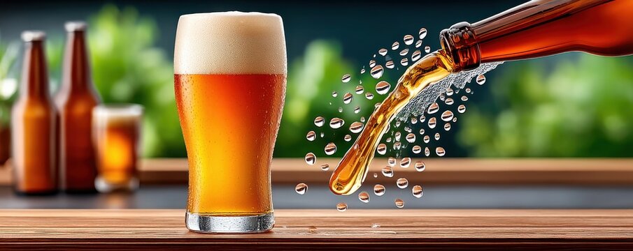 Amber beer pouring into a glass with bubbles and a foamy head